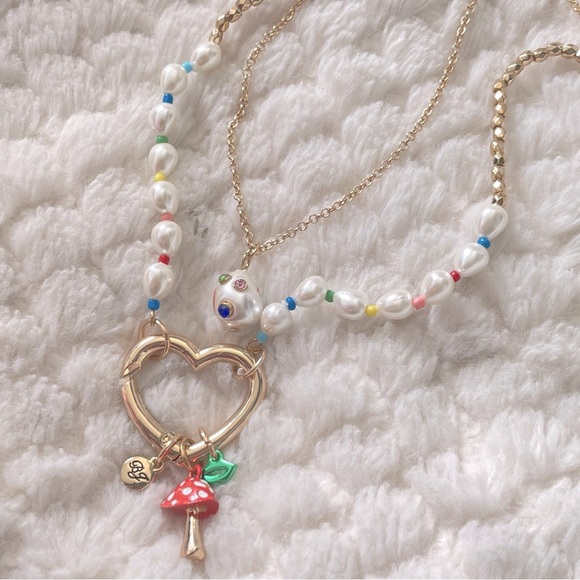 Betsey Johnson One Love Heart Charm Mushroom Smile Lips Necklace Rainbow - NWT - Picture 8 of 15